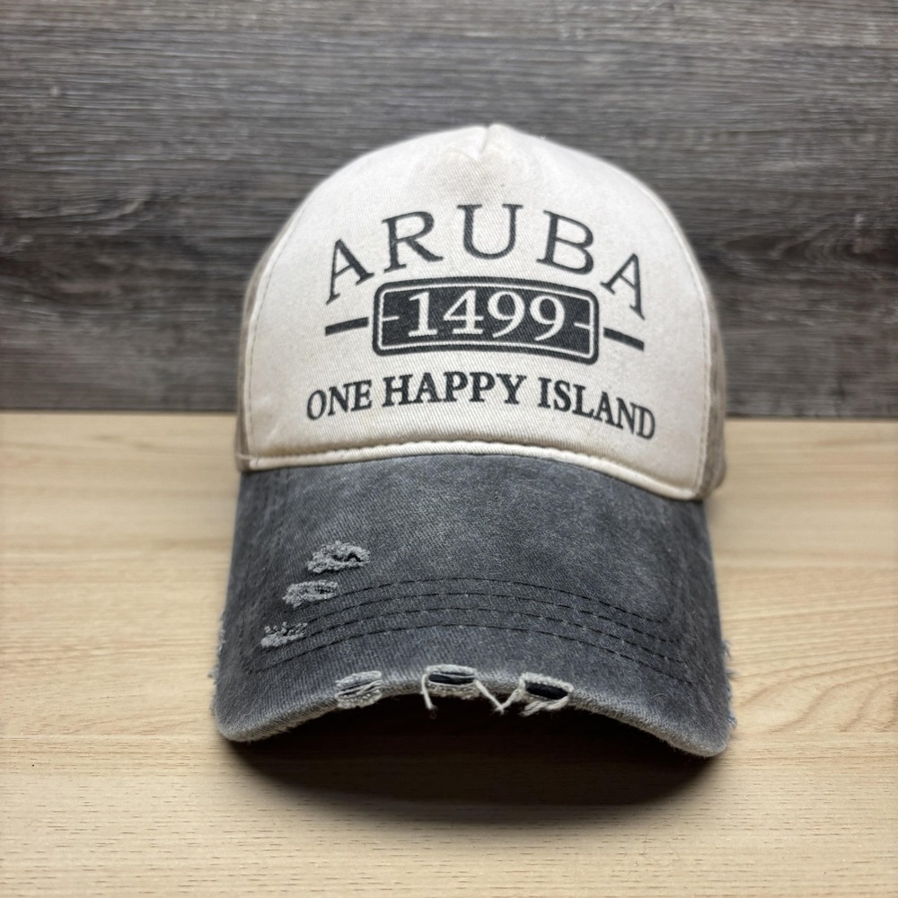 Aruba Hat Cap Strap Back Tan Gray Distressed Souvenir One Happy Island Mens